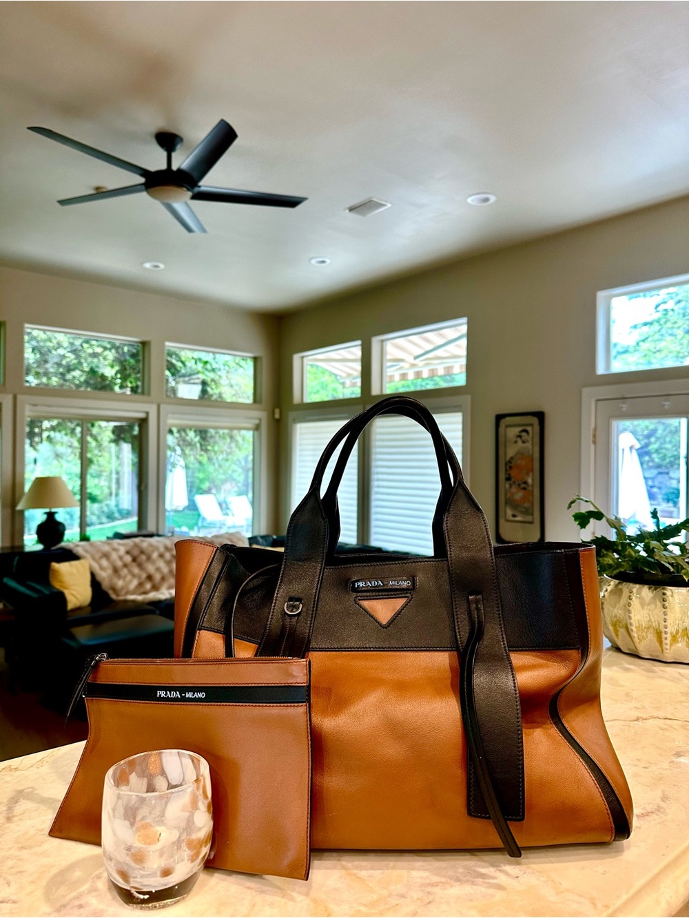 Prada Brown and Black Leather Tote with Matching Pouch